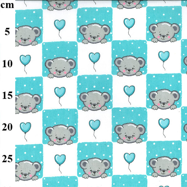 Blue teddy bear polycotton print fabric for children’s crafts, nursery sewing and bunting
