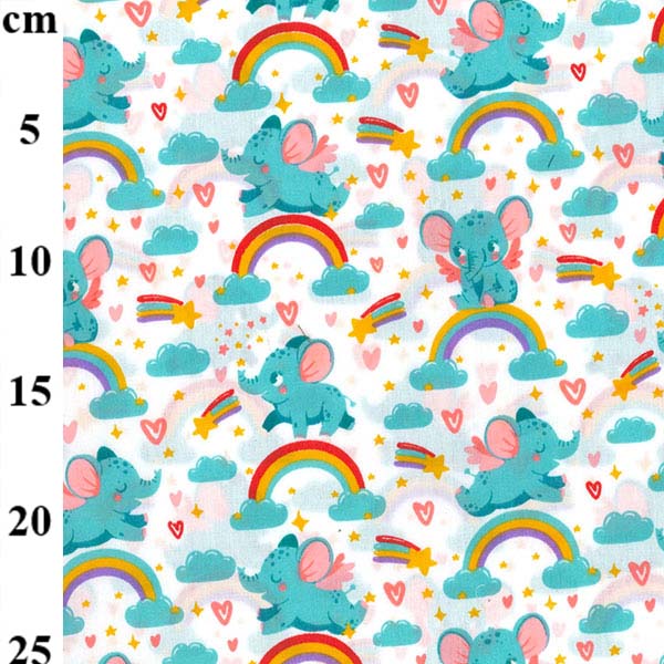 Elephant and rainbow polycotton print fabric for children’s crafts, bunting and nursery sewing