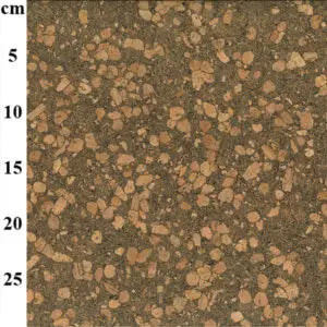 Pebble cork fabric with a dark cork base and scattered natural tan cork chip detail