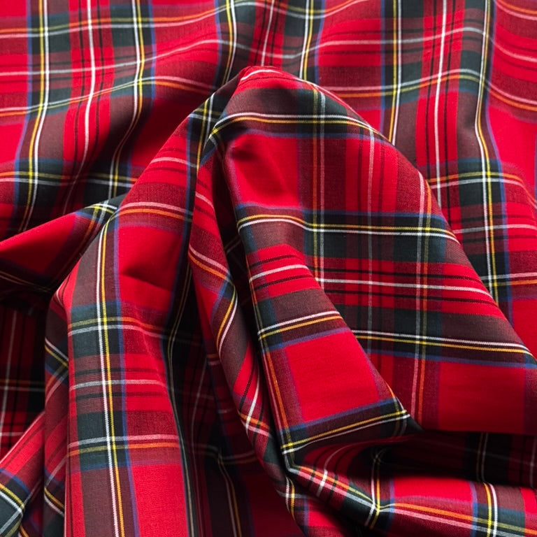 Red flat woven tartan cotton fabric with black, green, yellow and white check pattern