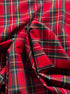Red flat woven tartan cotton fabric with black, green, yellow and white check pattern